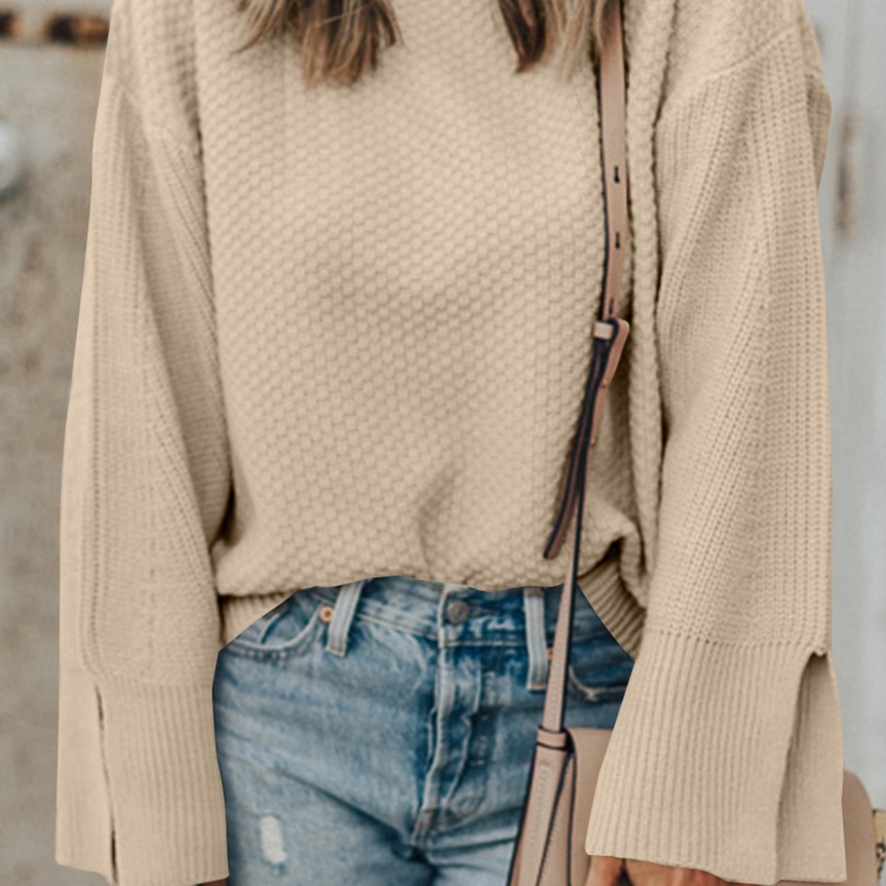 B175 Parchment Solid Textured Knit Split Cuff Drop Shoulder Loose Sweater